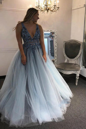 a-line v-neck 3d appliques beaded tulle long plus size prom dress dtp131