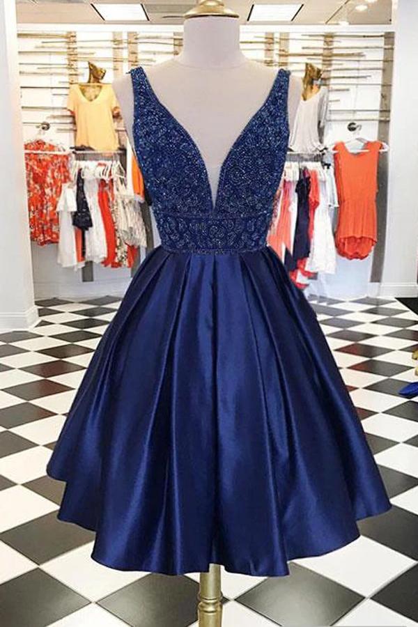short prom dress a-line dark blue beaded homecoming dress dth141
