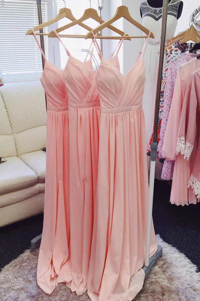 pink chiffon long bridesmaid dresses simple wedding party dress dtb04