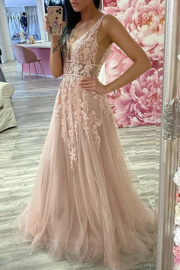 a-line tulle lace appliques long sparkle prom evening dress dtp117