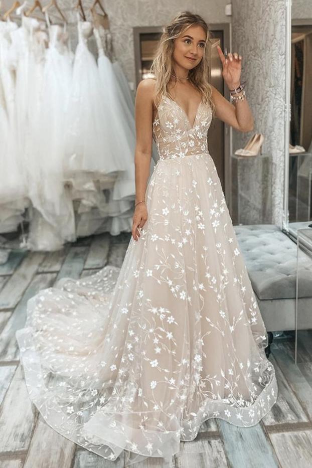 a-line v-neck sleeveless tulle appliques lace wedding dress with train dtw96