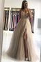 A line V-neck Beads Sleeveless Tulle Long Prom Dress With Slit