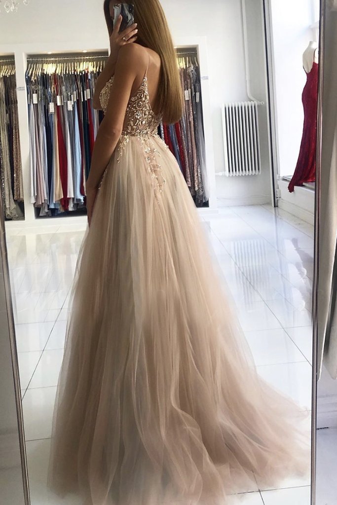 a line v-neck beads sleeveless tulle long prom dress with slit dtp115