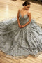 Gray V-neck Tulle Lace Long Prom Dress, A-line Long Evening Gown