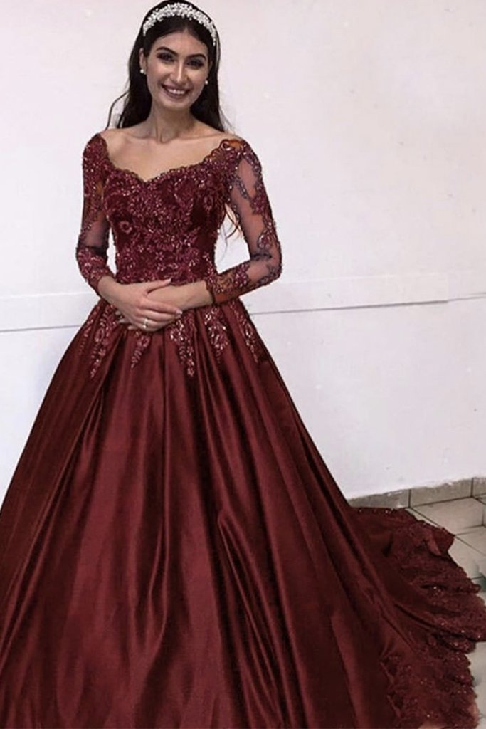 Burgundy Prom Dress Long Sleeve Lace Appliques Formal Dress DTP116 DressTok.co.uk Burgundy Prom Dress Long Sleeve Lace Appliques Formal Dress DTP116 DressTok.co.uk