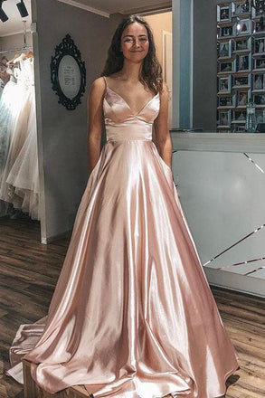 Spaghetti Straps A-line Long Prom Dresses, Simple V-neck Sleeveless Evening Gowns