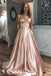 Spaghetti Straps A-line Long Prom Dresses, Simple V-neck Sleeveless Evening Gowns