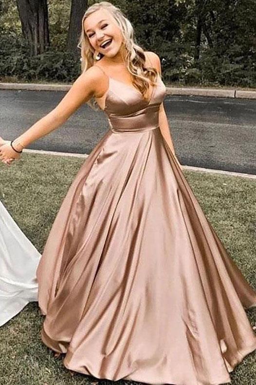 simple v-neck sleeveless evening gowns spaghetti straps a-line long prom dresses dtp919