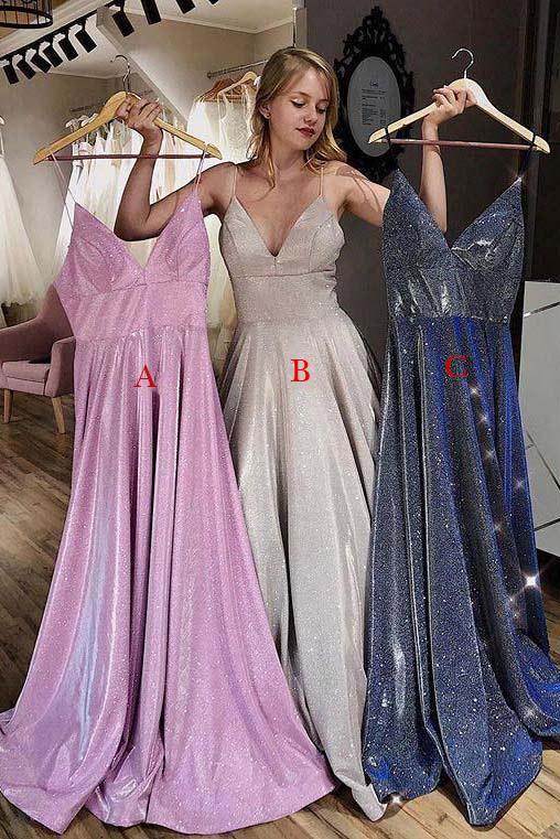 spaghetti straps v-neck sparkle prom dresses with pockets dtp143