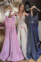 Spaghetti Straps V-Neck Sparkle Prom Dresses with Pockets