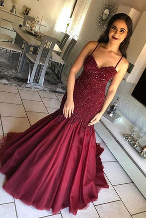 spaghetti straps beads lace burgundy mermaid prom dress dtp144