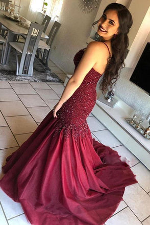 spaghetti straps beads lace burgundy mermaid prom dress dtp144