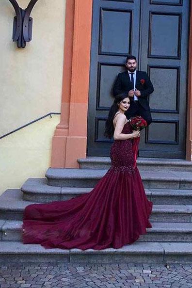 spaghetti straps beads lace burgundy mermaid prom dress dtp144