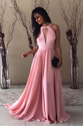 elegant round neck long chiffon sleeveless pink prom dress dtp145