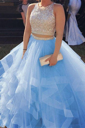 two piece sweet 16 dresses organza ruffles prom dresses with beads crop top dtp146