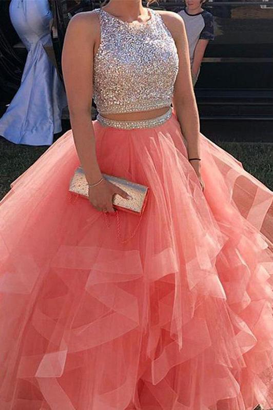 two piece sweet 16 dresses organza ruffles prom dresses with beads crop top dtp146
