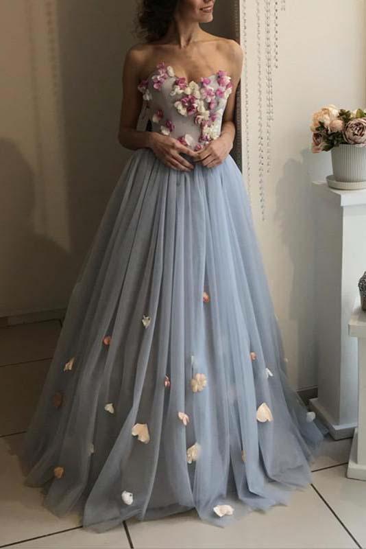 detachable straps sweetheart long prom dress with floral appliques dtp147