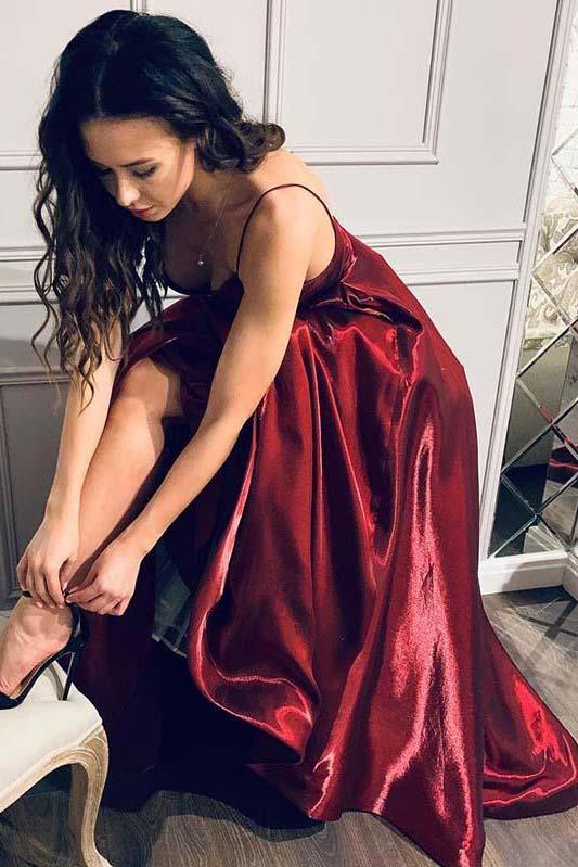 spaghetti straps burgundy prom dress long simple formal gown dtp153
