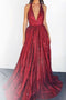 Sexy Backless Sequin Prom Dresses, Plunging Neckline Long Evening Gown