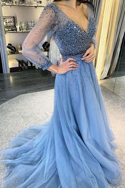 beading bodice evening gown a-line long sleeves blue prom dress with open back dtp152