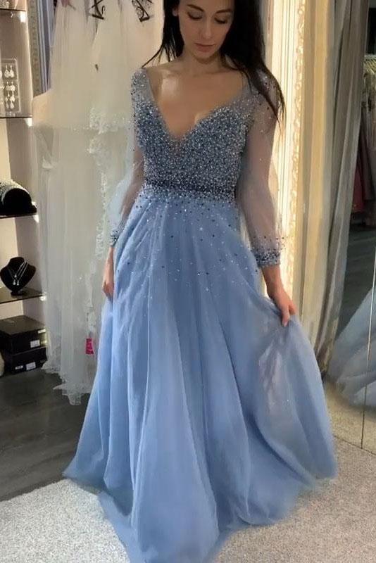 beading bodice evening gown a-line long sleeves blue prom dress with open back dtp152