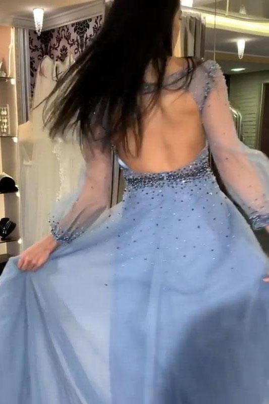 beading bodice evening gown a-line long sleeves blue prom dress with open back dtp152