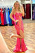 Hot Pink Mermaid Lace-Up Back Scoop Neck Long Prom Dress with Slit