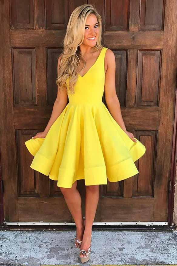 simple short prom dress yellow a-line v-neck knee-length satin homecoming dress dth398