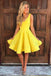 simple short prom dress yellow a-line v-neck knee-length satin homecoming dress dth398