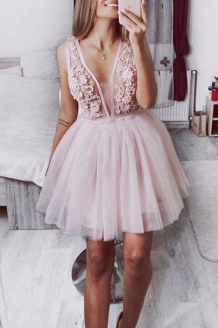 tulle pink homecoming dress applique v-neck short prom dress dth132
