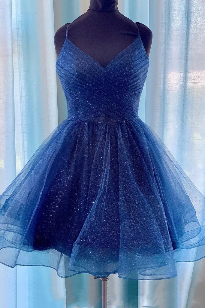 v-neck short prom dress sparkly navy blue homecoming dress dth297
