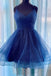 v-neck short prom dress sparkly navy blue homecoming dress dth297