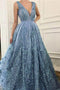 A-Line V-Neck Appliques Beading Blue Prom Dress with Sweep Train