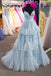 V Neck Aqua Split Tulle Prom Dress With Ruffles, Sleeveless Long Party Gown