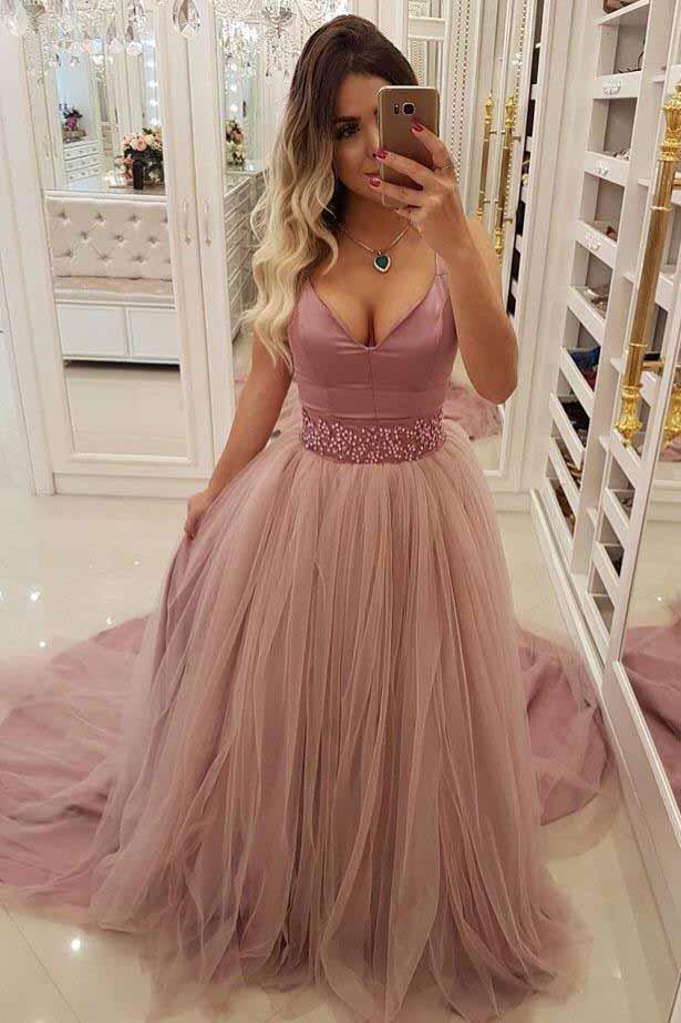 a-line v-neck beaded waist prom dresses with overlay tulle skirt dtp709