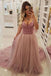 a-line v-neck beaded waist prom dresses with overlay tulle skirt dtp709