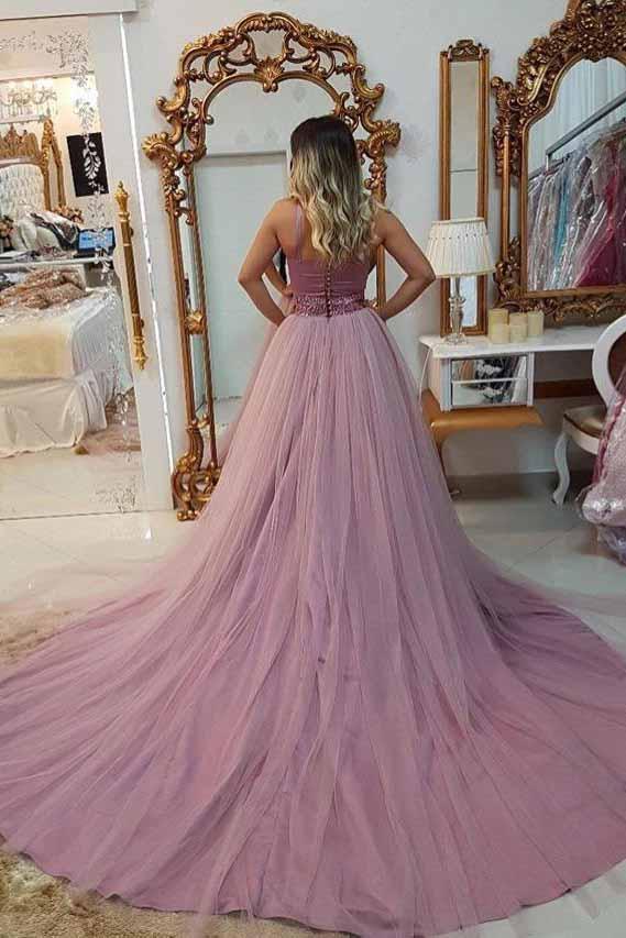 A Line V-neck Beaded Waist Prom Dresses with Overlay Tulle Skirt