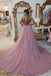 A Line V-neck Beaded Waist Prom Dresses with Overlay Tulle Skirt