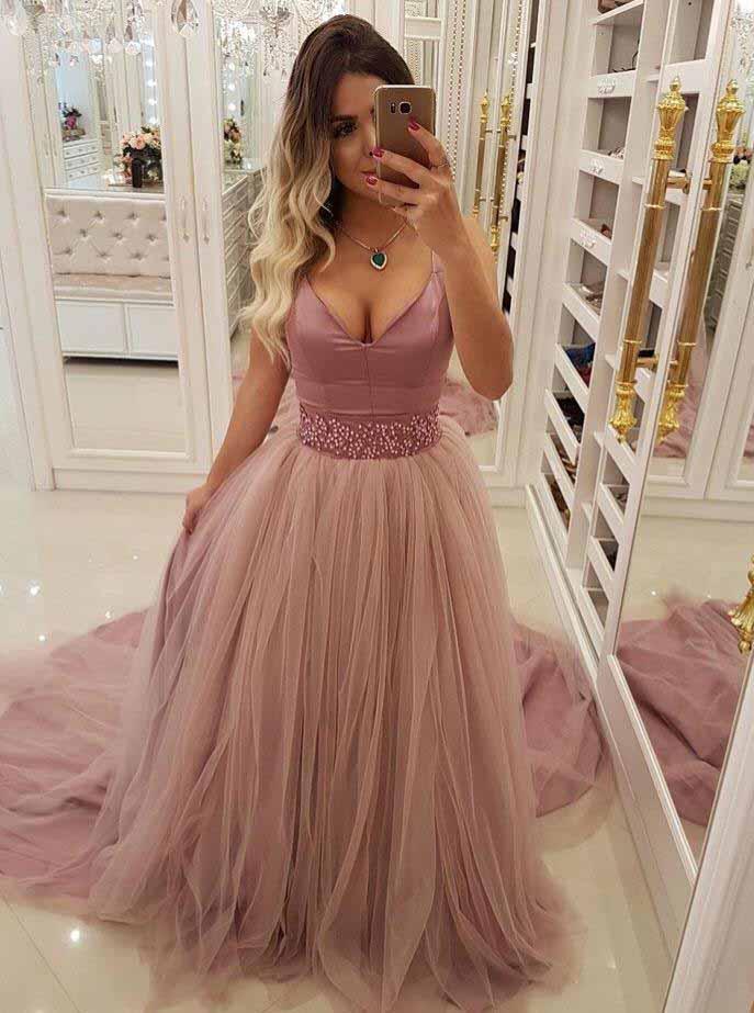 A Line V-neck Beaded Waist Prom Dresses with Overlay Tulle Skirt