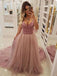 A Line V-neck Beaded Waist Prom Dresses with Overlay Tulle Skirt