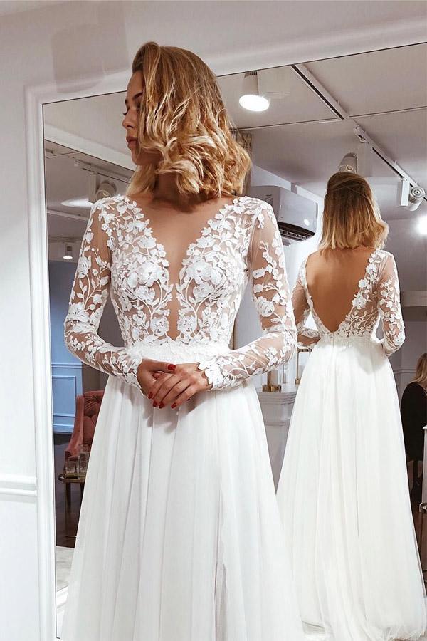 Simple A Line Sheer Neck White Lace Long Sleeves Beach Wedding Dresses dtw32