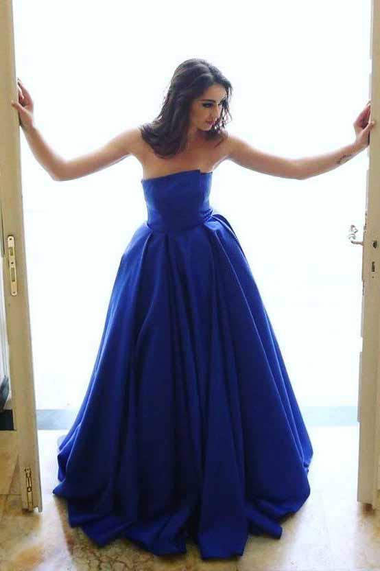 royal blue strapless puffy prom dresses satin elegant formal gown dtp712