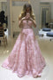 Stunning A Line V-neck Lace Beaded Pink Prom Dresses Long