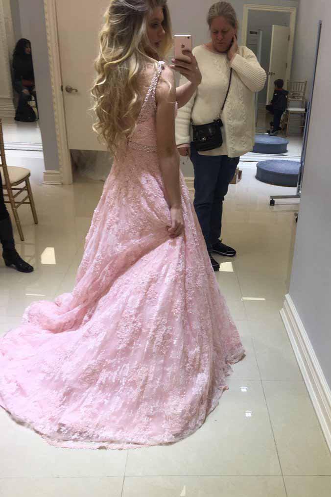 Stunning A Line V-neck Lace Beaded Pink Prom Dresses Long