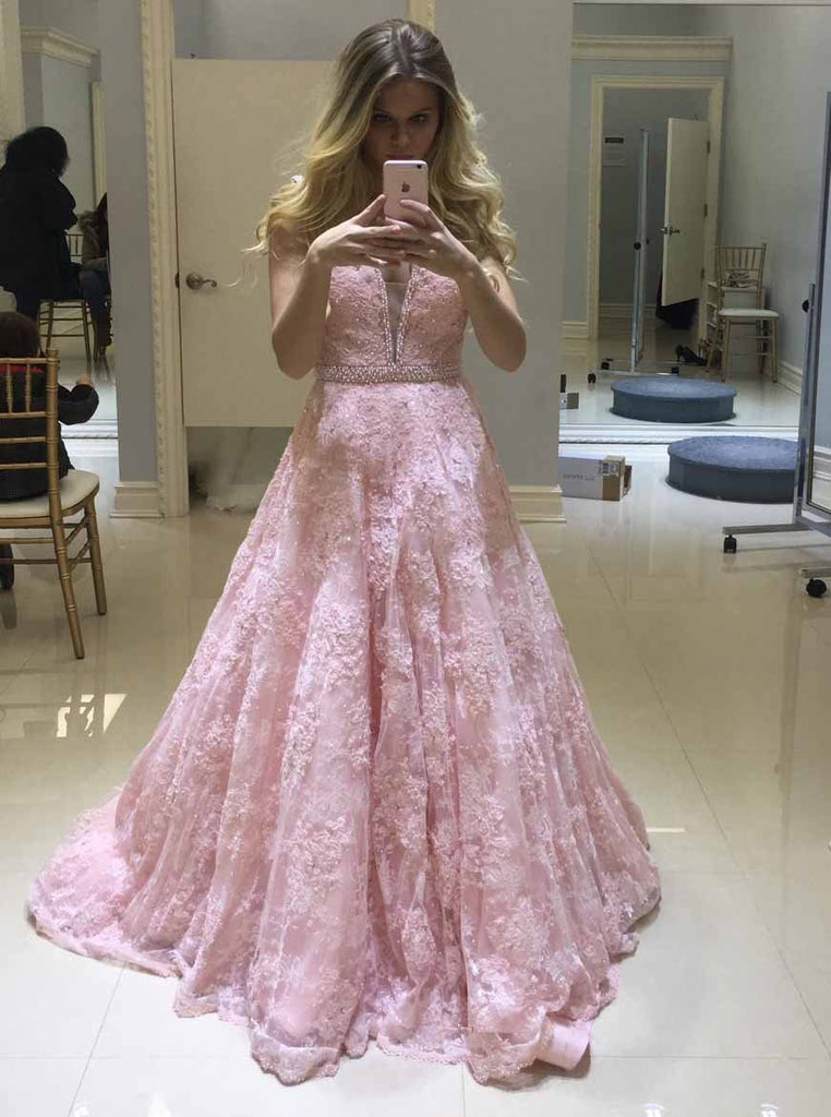 Stunning A Line V-neck Lace Beaded Pink Prom Dresses Long