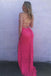 Hot Pink Sequin Mermaid Backless Prom Dresses, Long Formal Dresses With Slit