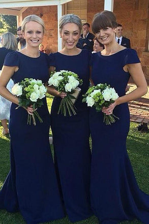 mermaid cap sleeves wedding guest dress modest dark blue long bridesmaid dresses dtb91