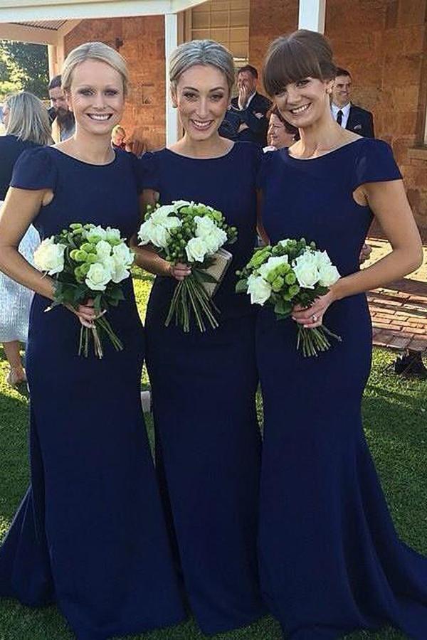 Mermaid Cap Sleeves Wedding Guest Dress Modest Dark Blue Long Bridesmaid Dresses DTB91 DressTok.co.uk Mermaid Cap Sleeves Wedding Guest Dress Modest Dark Blue Long Bridesmaid Dresses DTB91 DressTok.co.uk