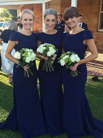 Modest Dark Blue Long Bridesmaid Dresses,Mermaid Cap Sleeves Wedding Guest Dress