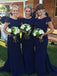 Modest Dark Blue Long Bridesmaid Dresses,Mermaid Cap Sleeves Wedding Guest Dress